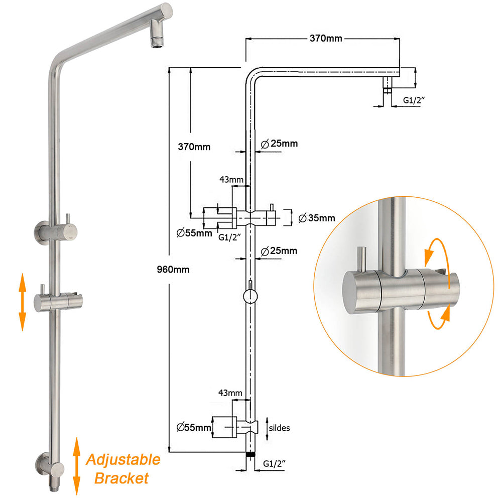 Shower Heads & Screens: WELS Brushed Nickel Dual Shower Set Sliding Rail Arm 12" Round Head Handheld 2 Way Diverter