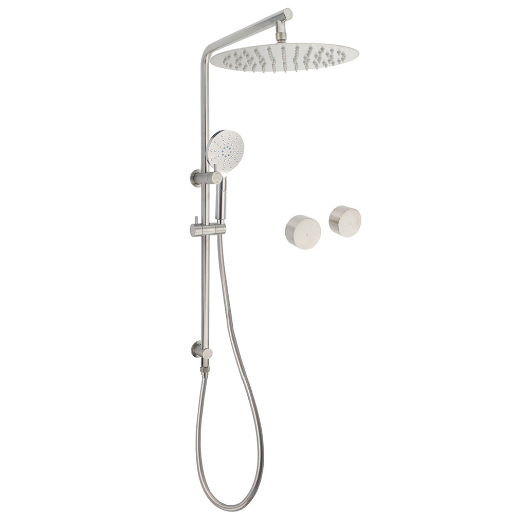 Shower Heads & Screens: Brushed Nickel 2in1 Shower Set Sliding Rail Arm 12" Round Head Handheld Twin Taps Hot Cold Water Control