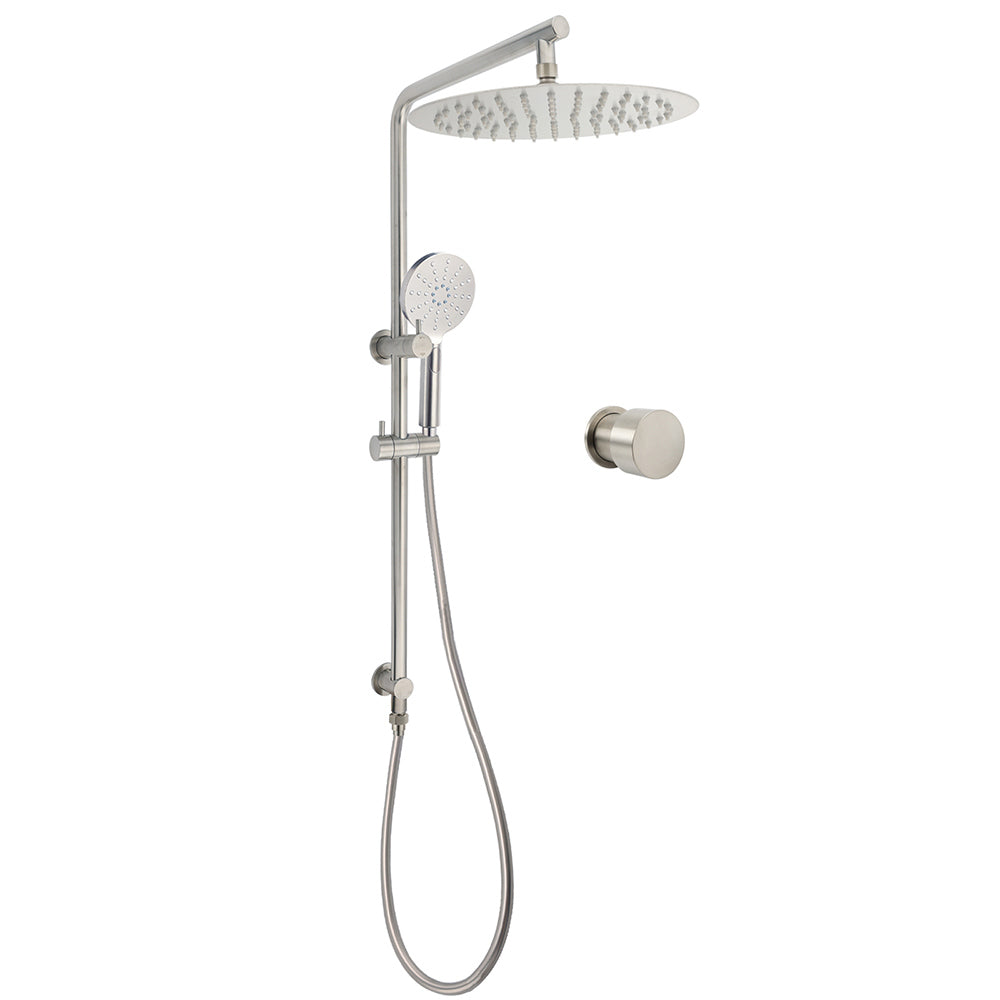 Brushed Nickel Dual Shower Set Sliding Rail Arm 12" Round Head Handheld Wall Mixer Valve