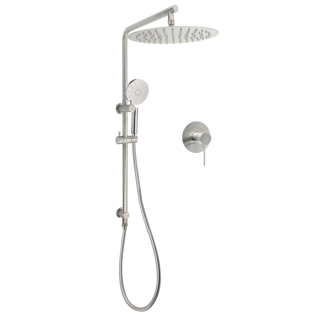 Shower Heads & Screens: WELS Brushed Nickel Dual Shower Set Sliding Rail Arm 12" Round Head Handheld Wall Mixer