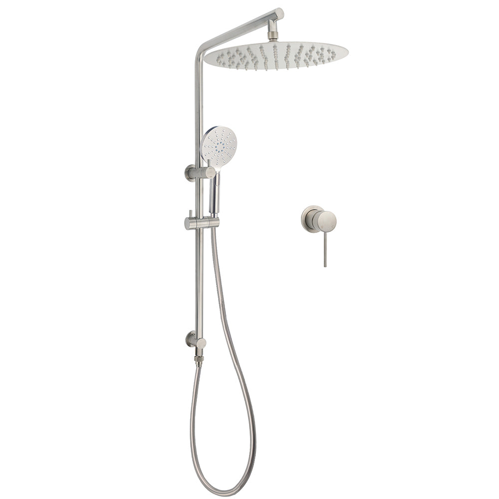 Shower Heads & Screens: WELS Brushed Nickel 2in1 Shower Set Sliding Rail Arm 12" Round Head Handheld Small Face Mixer