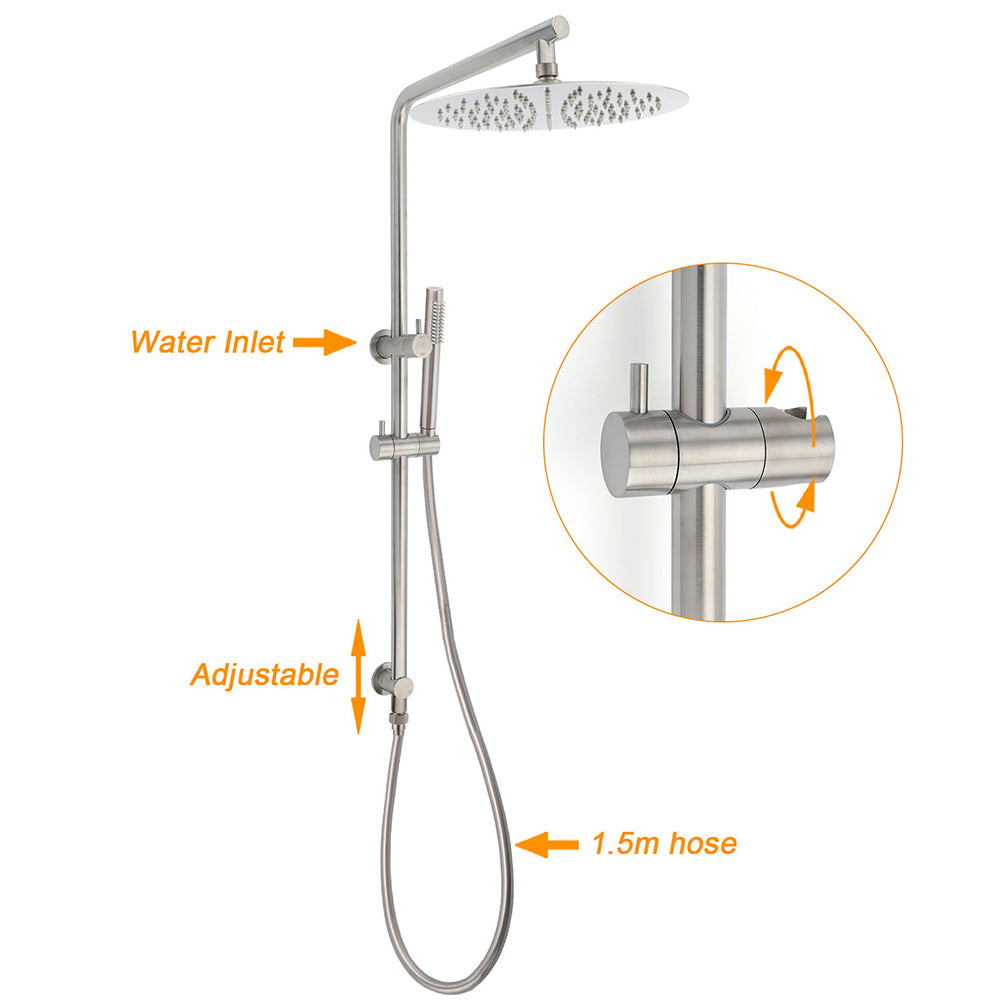 Shower Heads & Screens: WELS Brushed Nickel Dual Shower Set Sliding Rail Arm Large 12" Round Head Handheld Small Face Mixer