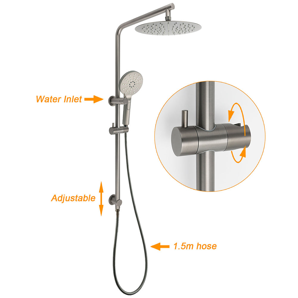 Shower Heads & Screens: WELS Gunmetal Round 10" Twin Shower Head 3 Modes Handheld Slide Rail Diverter Arm