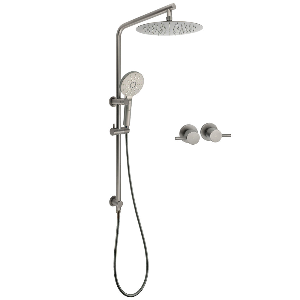 WELS Gun Metal Round 10" 2in1 Shower Head 3 Modes Handheld Slide Rail Arm Twin Taps
