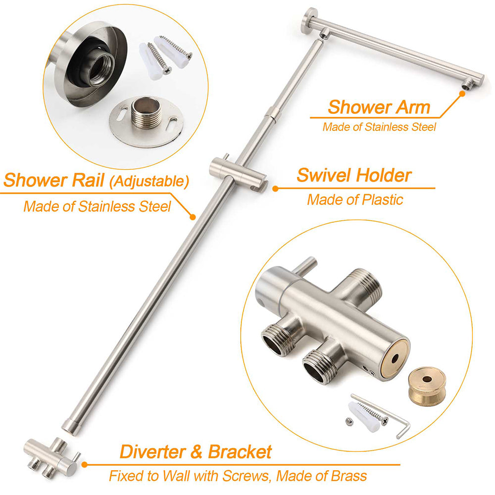 Shower Heads & Screens: Brushed Nickel 2in1 Round 8" Stainless Steel Rain Head Shower Handheld Sliding Rail Arm Set