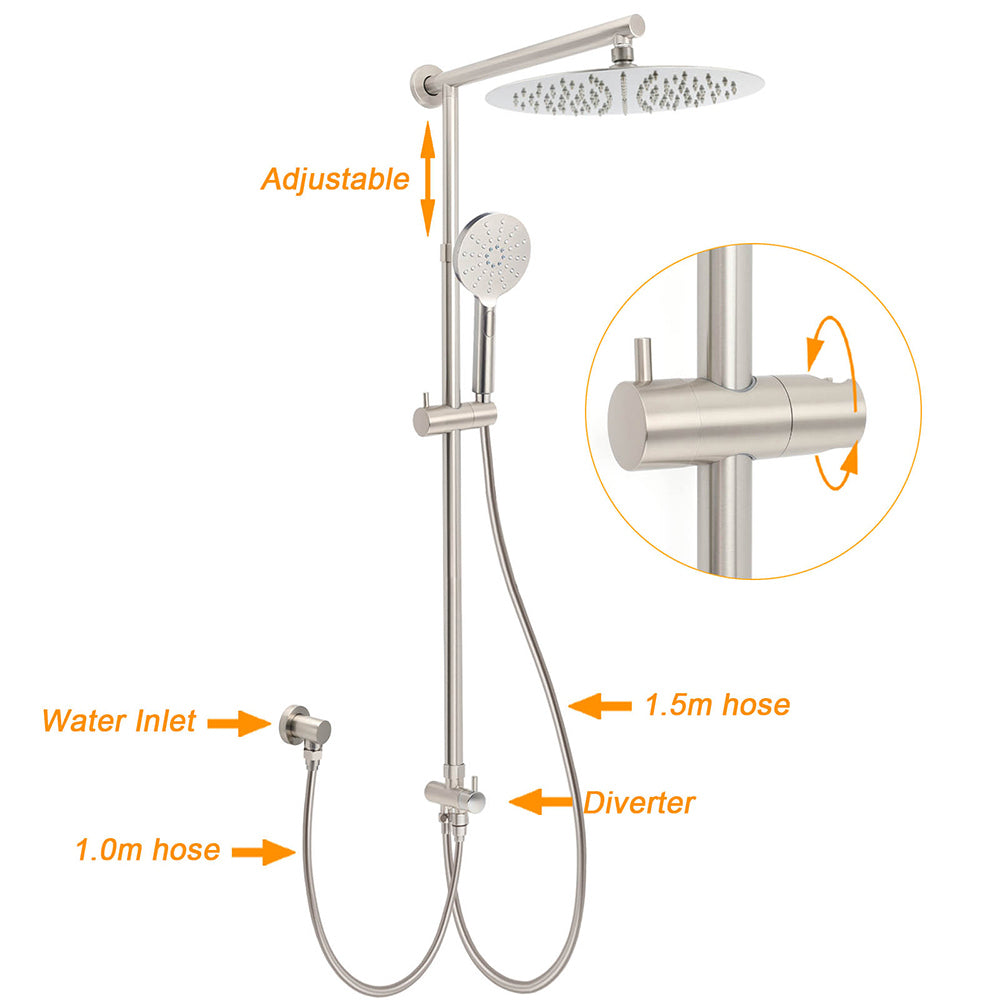 Brushed Nickel Round 12" Rainfall Head Shower Handheld Sliding Rail Small Face Mixer 2in1 Set