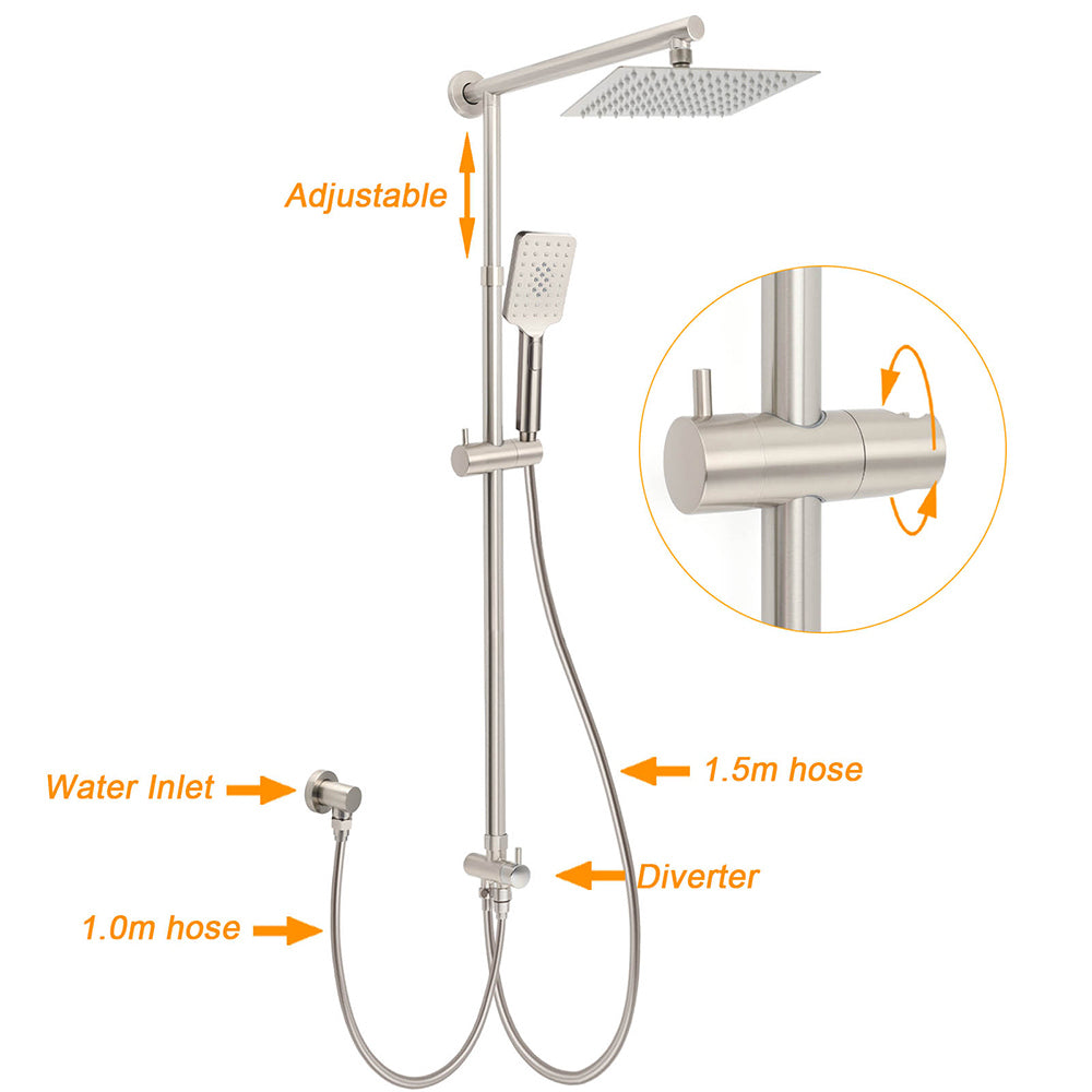 Brushed Nickel 8" Rain Head Shower Square 3 Modes Handheld Sliding Rail Arm Mixer Dual Set
