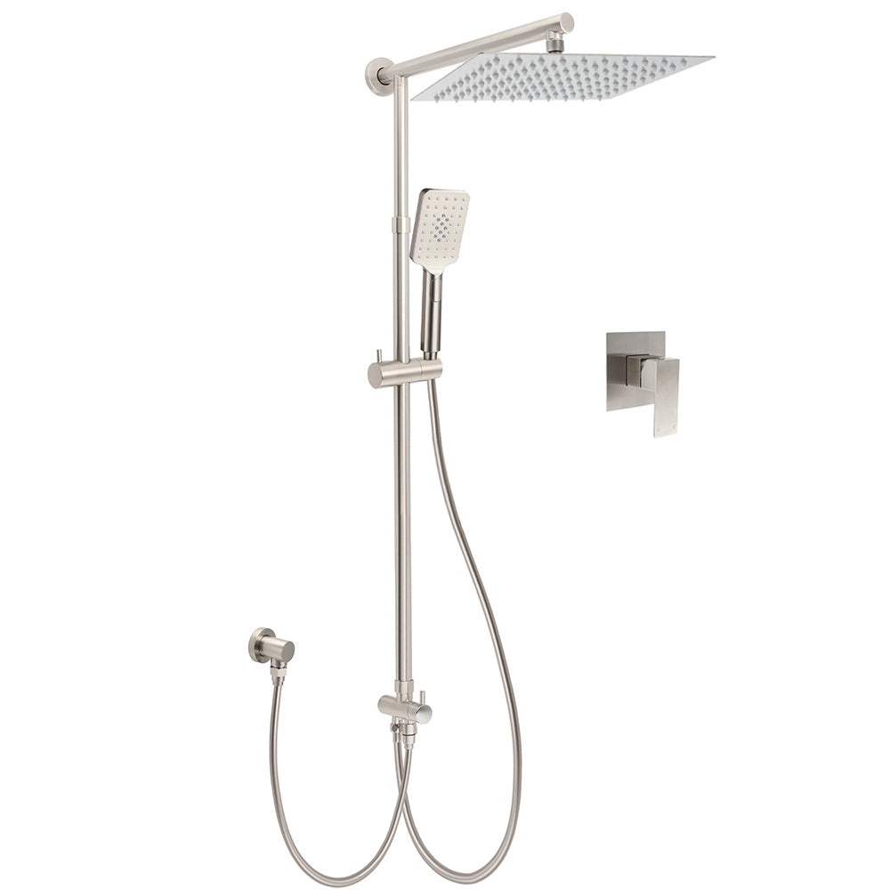 Shower Heads & Screens: WELS Brushed Nickel 12" Rain Head Shower Square 3 Modes Handheld Sliding Rail Arm Mixer Dual Set