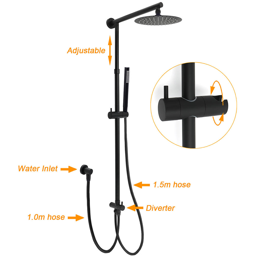 Shower Heads & Screens: WELS Matt Black 2in1 Shower 8" Round Head Set 1 Mode Handheld Rose Sliding Rail Elbow Inlet