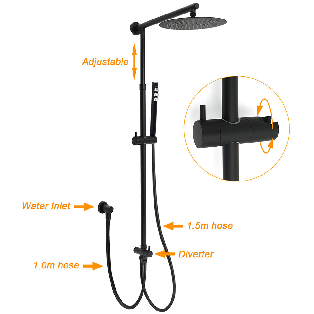 Shower Heads & Screens: Matt Black Round Dual Shower Set 10" Rain Head Metal Handheld Sliding Rail Arm Twin Taps