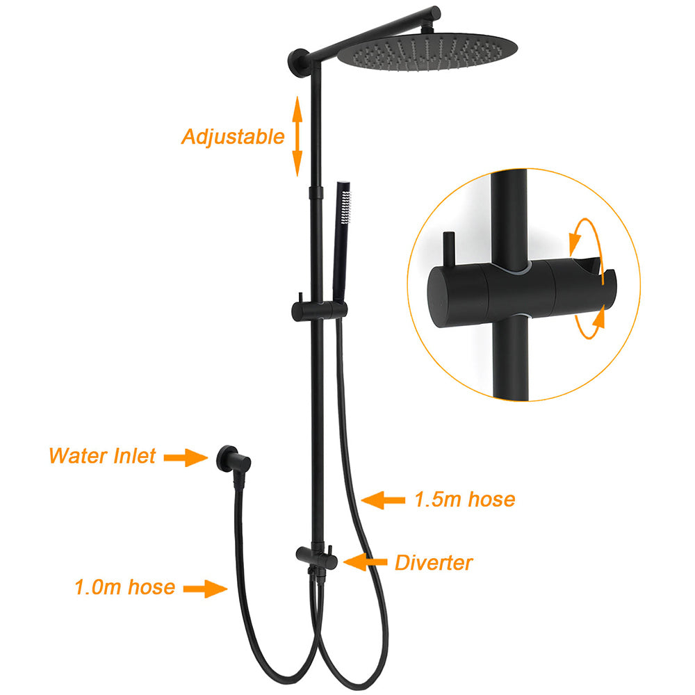 Shower Heads & Screens: Matte Black Large 12" Round Shower Head Twin Set Stainless Steel Handheld Diverter Wall Rail Arm