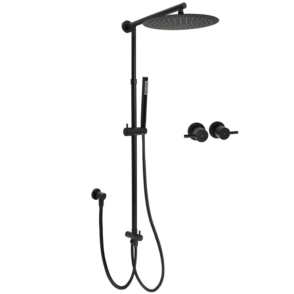 Shower Heads & Screens: WELS Matt Black Dual 12" Round Shower Head Set Metal Handheld Rail Wall Arm Elbow Inlet Twin Taps