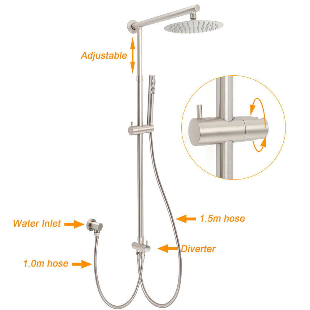 Shower Heads & Screens: Brushed Nickel 8" Thin Rain Head Twin Shower Metal Handheld Rose Sliding Rail Arm Set With Mixer