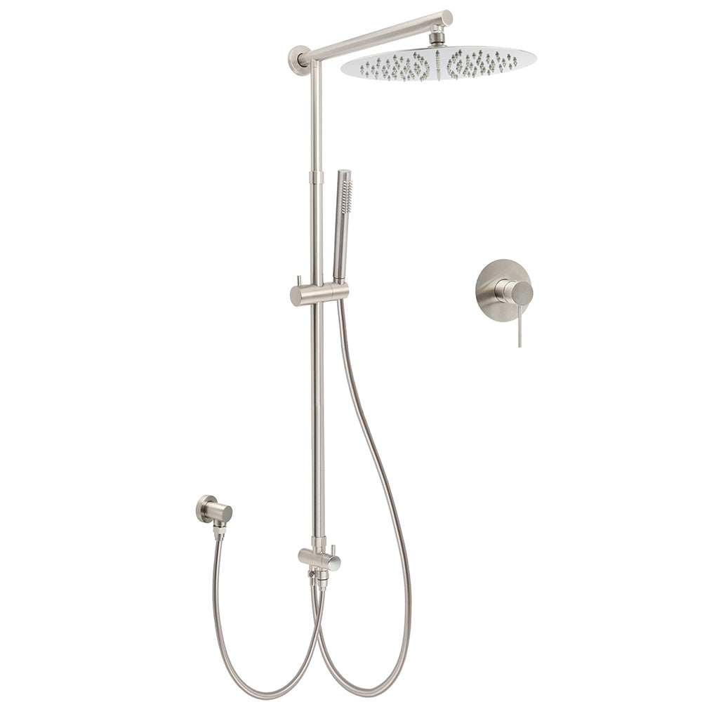 Brushed Nickel Round 12" Rain Head Shower Single Mode Handheld Sliding Rail Arm Mixer 2in1 Set