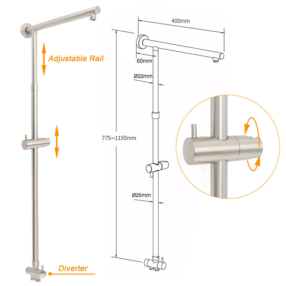 Shower Heads & Screens: Brushed Nickel 2in1 Set Round 12" Rain Head Shower Single Mode Handheld Sliding RailWall Mixer