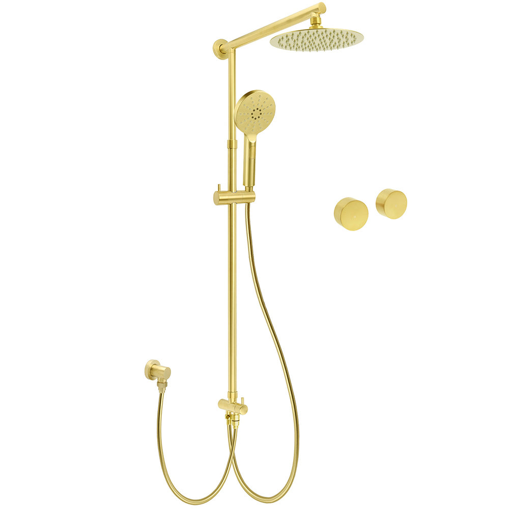 Shower Heads & Screens: WELS Brushed Gold 2in1 Shower 8" Round Head Set 3 Mode Handheld Rose Sliding Rail Twin Taps