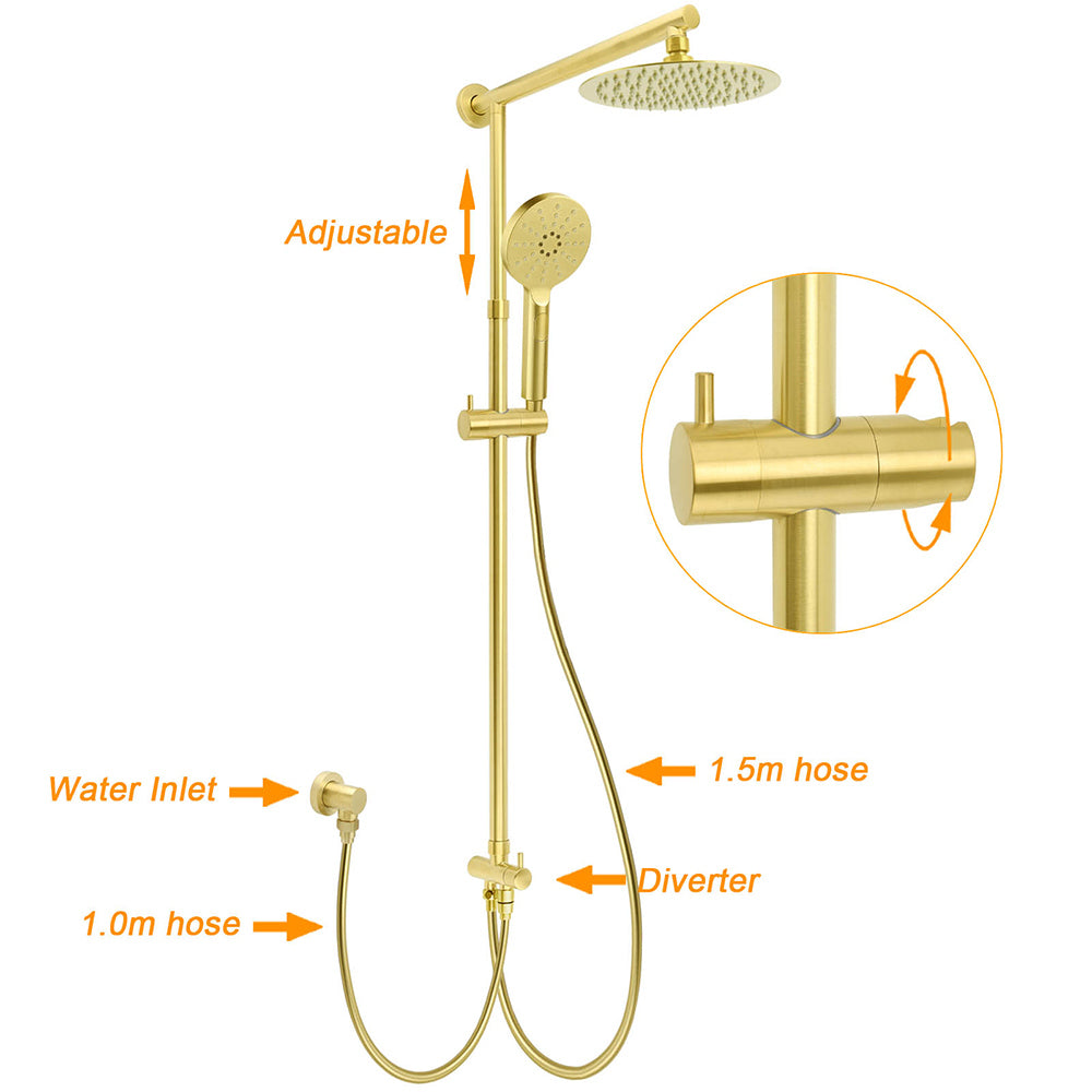 Shower Heads & Screens: WELS Brushed Gold 2in1 Shower 8" Round Head Set 3 Mode Handheld Rose Sliding Rail Twin Taps
