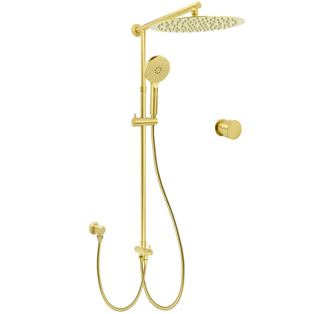 Shower Heads & Screens: Brushed Gold Dual Round Shower 12" Top Head 3 Mode Handheld Sliding Rail Arm Mixer Valve