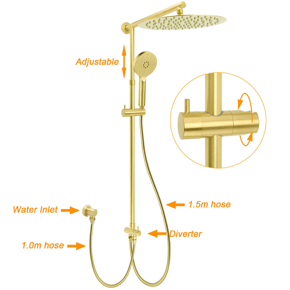 Shower Heads & Screens: Brushed Gold Dual Round Shower 12" Top Head 3 Mode Handheld Sliding Rail Arm Mixer Valve