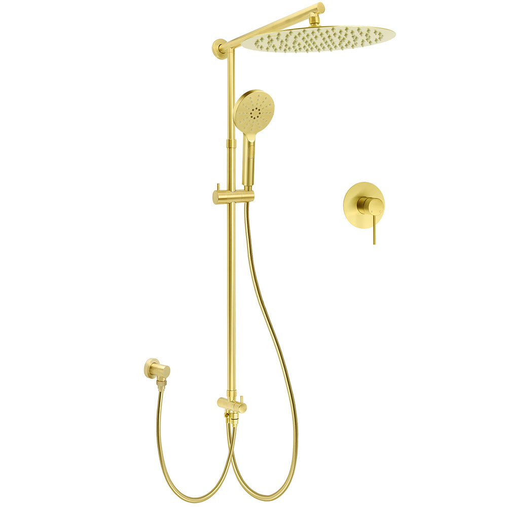 Shower Heads & Screens: WELS Brushed Gold 2in1 Large Round Shower 12" Rain Head 3 Mode Handheld Sliding Rail Mixer Set