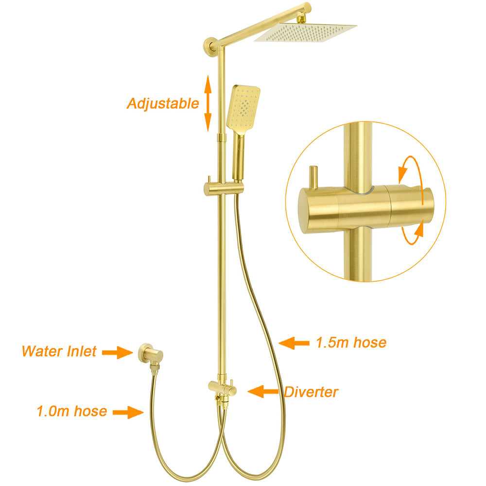 Brushed Gold Square 8" Rain Shower Head 3 Mode Handheld Sliding Rail Arm Dual Diverter Set