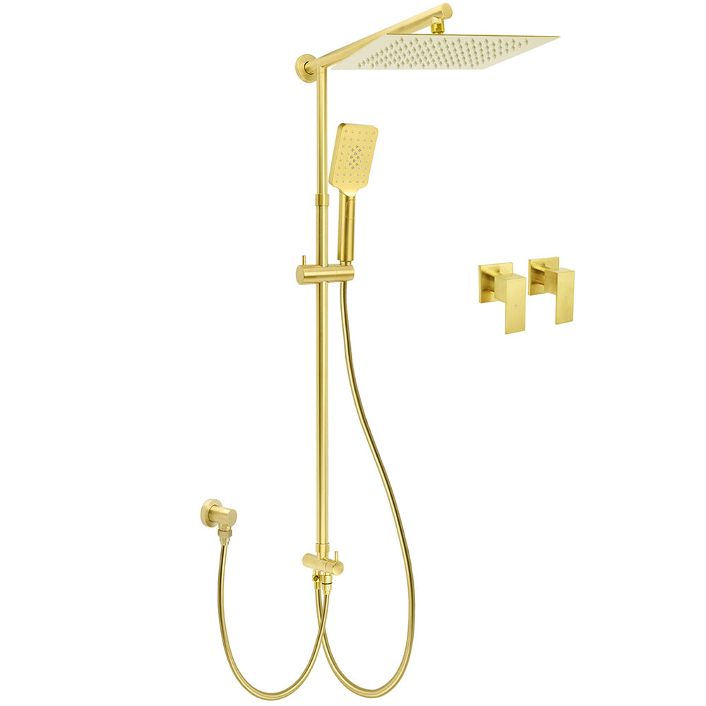 Shower Heads & Screens: Brushed Gold Square 12" Rain Head 3 Mode Handheld Rose Sliding Rail Wall Arm Dual Shower Taps Set