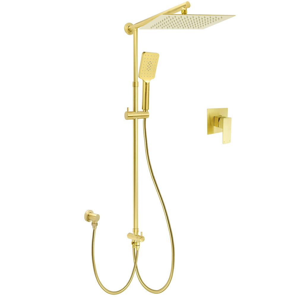 Shower Heads & Screens: WELS Brushed Gold Square 12" Rainfall Head 3 Modes Handheld Sliding Rail Wall Mixer 2in1 Shower Set
