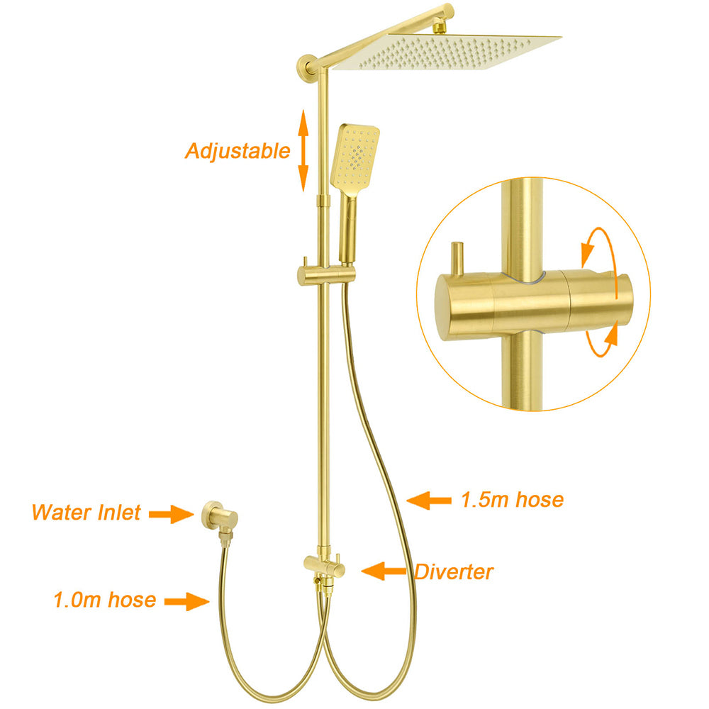 Shower Heads & Screens: WELS Brushed Gold Square 12" Rainfall Head 3 Modes Handheld Sliding Rail Wall Mixer 2in1 Shower Set
