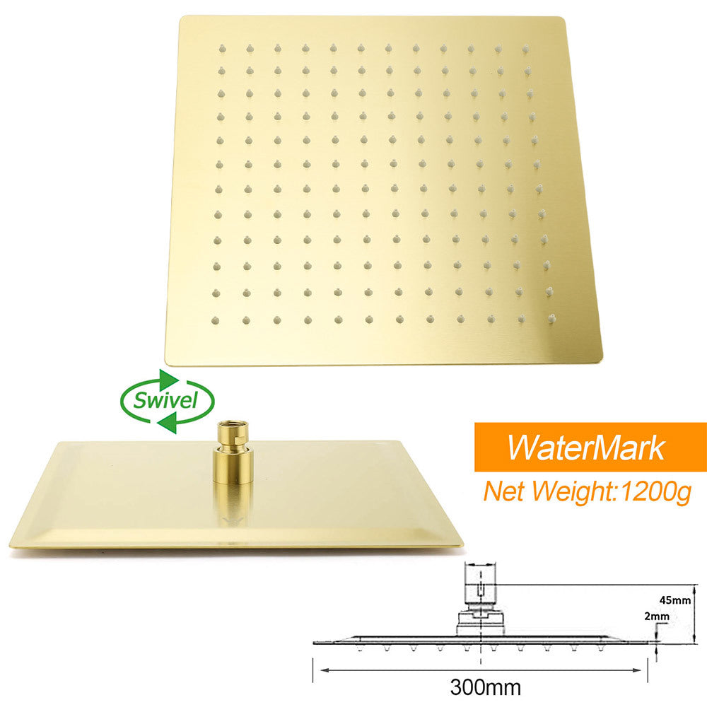 Shower Heads & Screens: WELS Brushed Gold Square 12" Rainfall Head 3 Modes Handheld Sliding Rail Wall Mixer 2in1 Shower Set