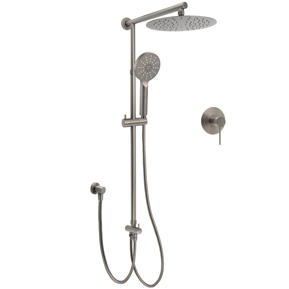 Shower Heads & Screens: WELS Gun Metal Double Round Shower 10" Rain Head 3 Mode Handheld Sliding Rail Mixer Valve Set