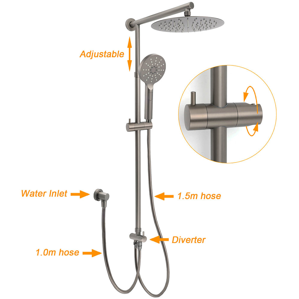 Shower Heads & Screens: WELS Gun Metal Double Round Shower 10" Rain Head 3 Mode Handheld Sliding Rail Mixer Valve Set