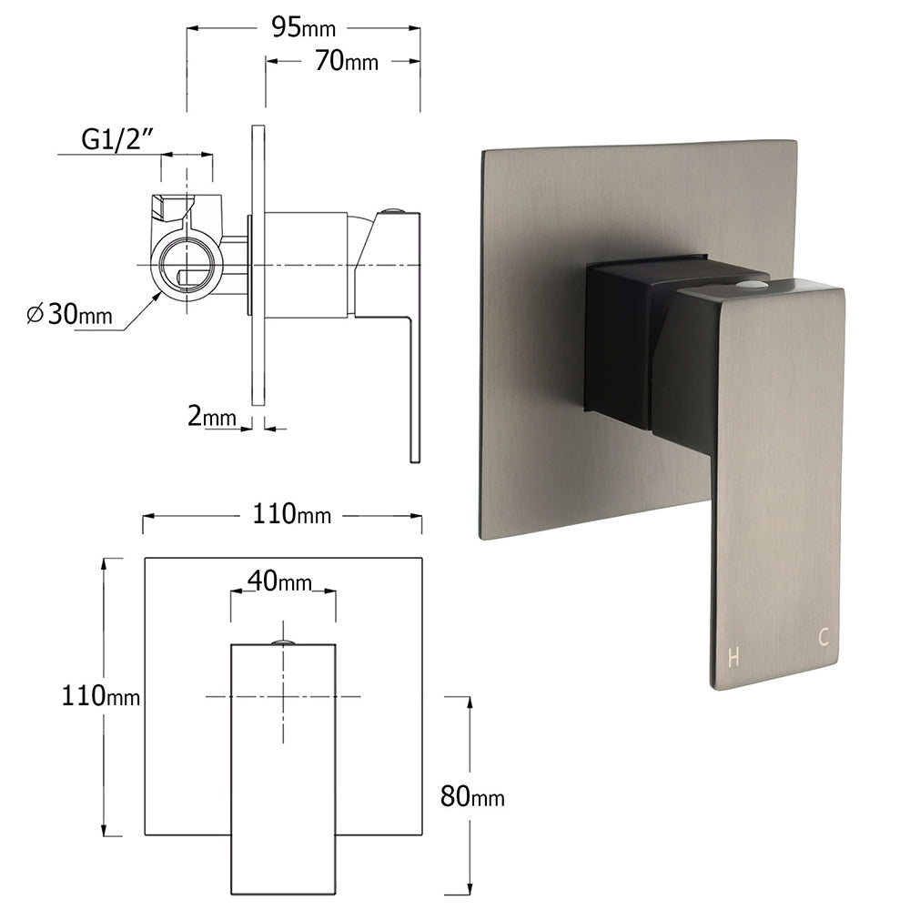 Shower Heads & Screens: WELS Gun Metal 2in1 Shower Set Square 10" Rain Head Handheld Silde Rail Hot Cold Mixer