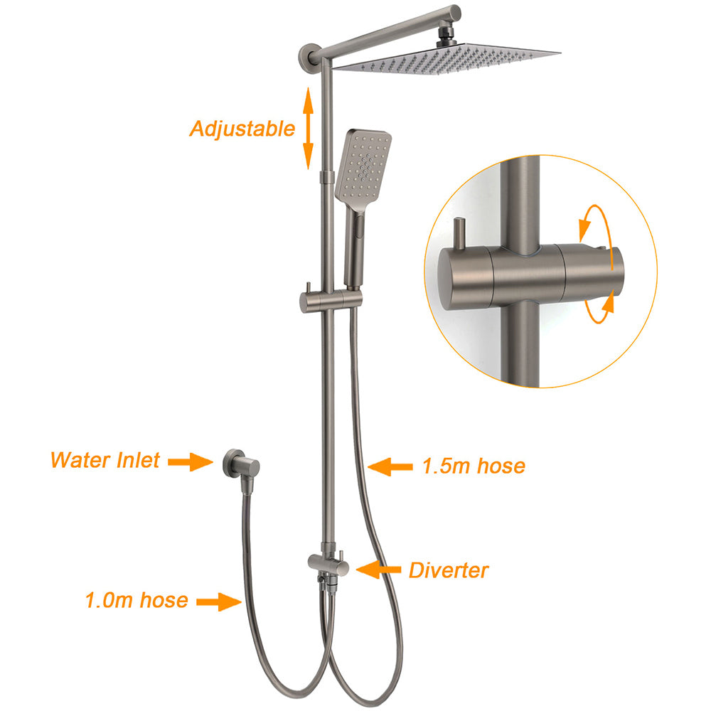 Shower Heads & Screens: WELS Gun Metal 2in1 Shower Set Square 12" Rain Head 3 Modes Handheld Silde Rail Hot Cold Mixer