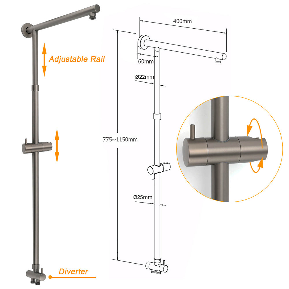 Shower Heads & Screens: WELS Gun Metal Dual Round Shower 10" Rain Head Stainless Steel Handheld Sliding Rail Diverter Set