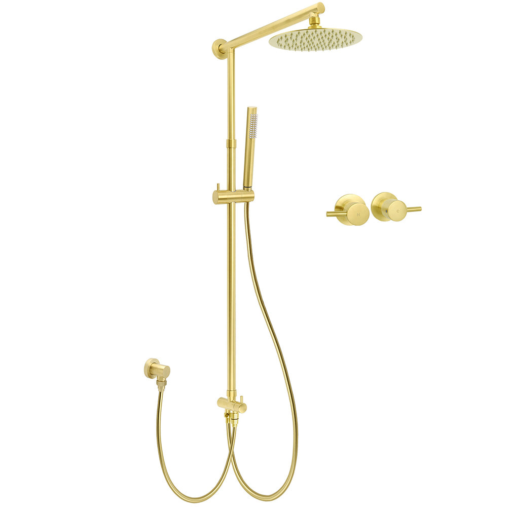 Shower Heads & Screens: WELS Brushed Gold 8" Round Shower Head Stainless Steel Handheld Rose Sliding Rail Twin Taps Set