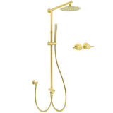 Shower Heads & Screens: WELS Brushed Gold 8" Round Shower Head Stainless Steel Handheld Rose Sliding Rail Twin Taps Set