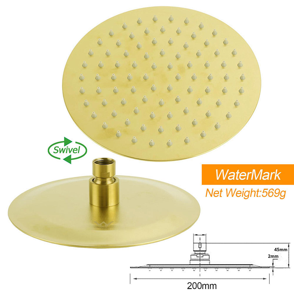 Shower Heads & Screens: WELS Brushed Gold 8" Round Shower Head Stainless Steel Handheld Rose Sliding Rail Twin Taps Set