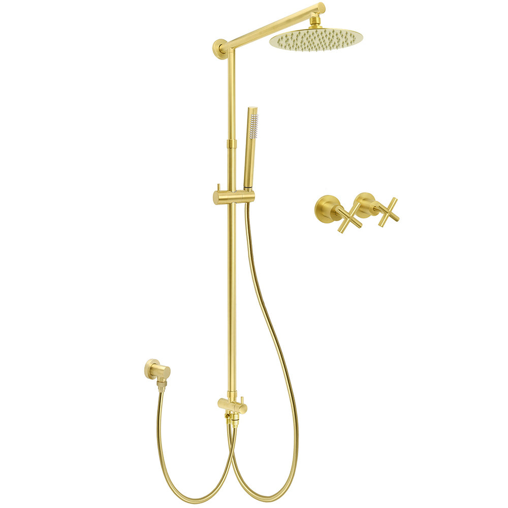 Shower Heads & Screens: WELS Brushed Gold Shower 8" Round Head Stainless Steel Handheld Rose Sliding Rail Mixer Dual Set