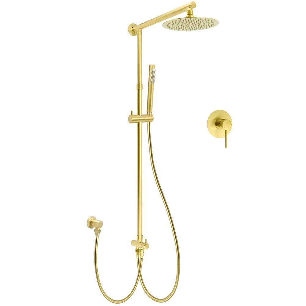Shower Heads & Screens: WELS Brushed Gold Twin Shower 8" Round Head One Mode Handheld Rose Sliding Rail With Mixer Set