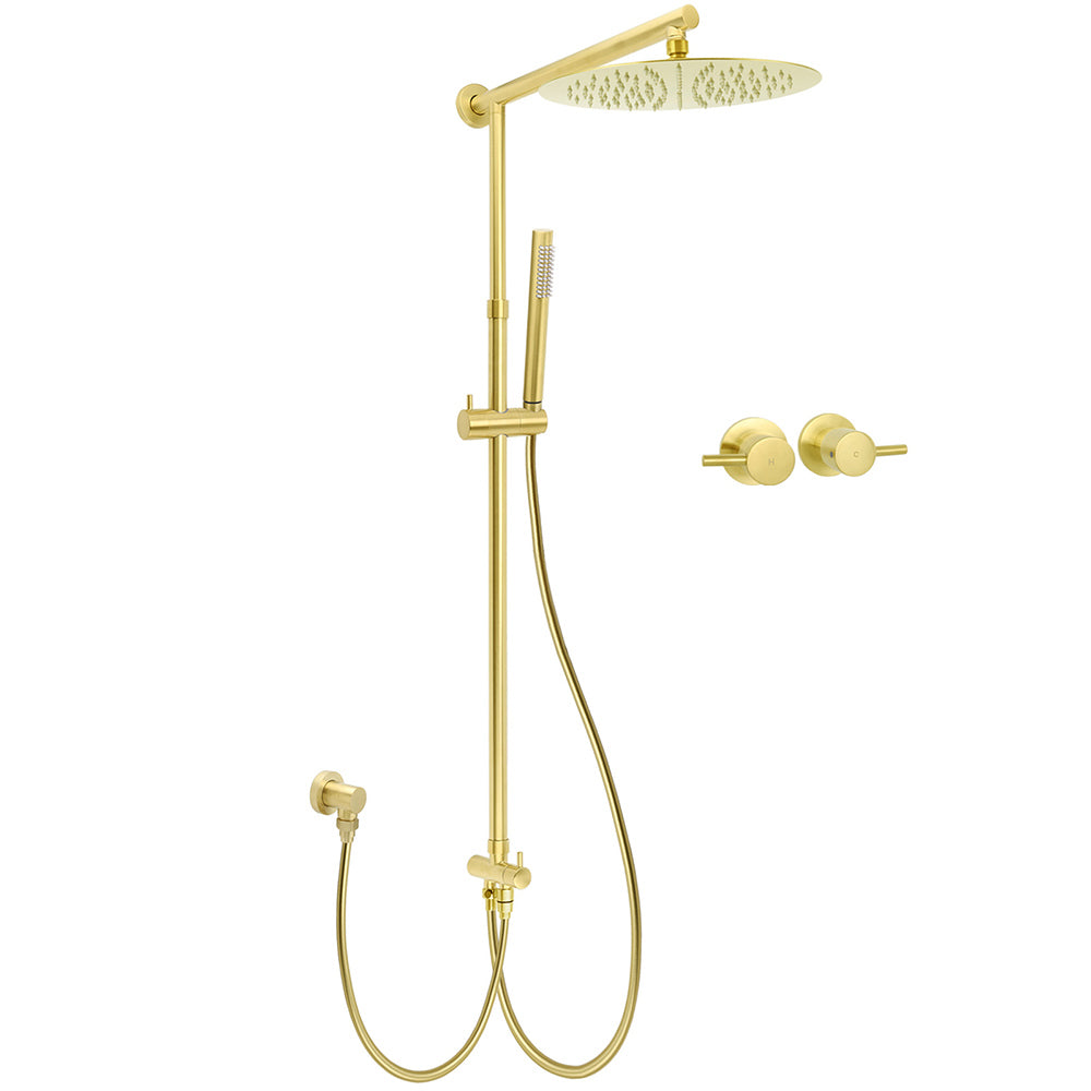 Shower Heads & Screens: WELS Brushed Gold Round 12" Shower Head Single Mode Handheld Rose Sliding Rail Twin Taps Set