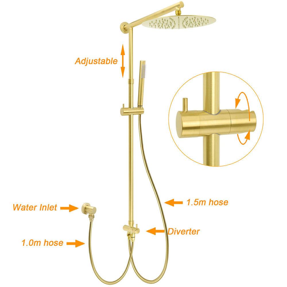 Shower Heads & Screens: WELS Brushed Gold Round 12" Shower Head Single Mode Handheld Rose Sliding Rail Twin Taps Set