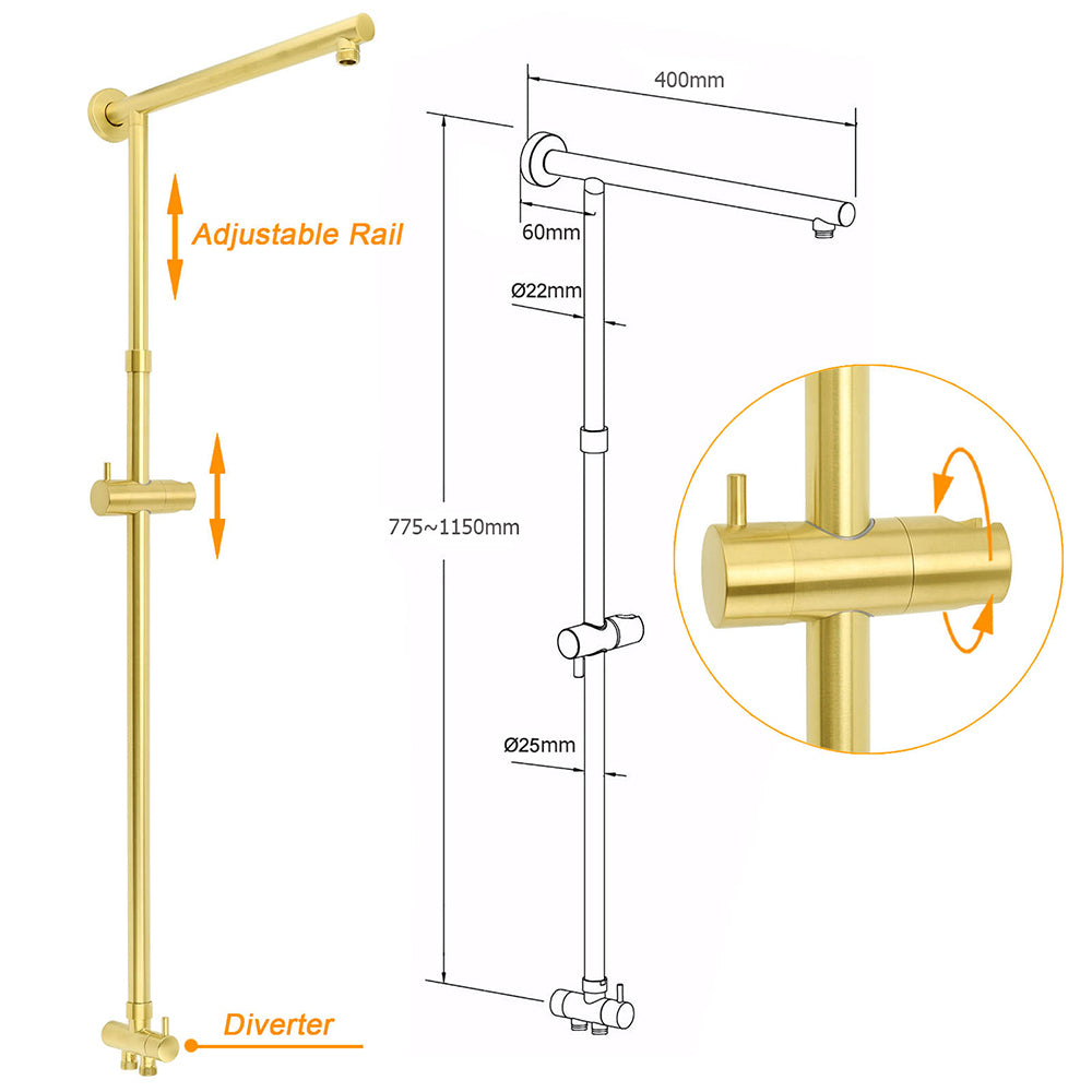 Shower Heads & Screens: WELS Brushed Gold Round 12" Shower Head Single Mode Handheld Rose Sliding Rail Twin Taps Set