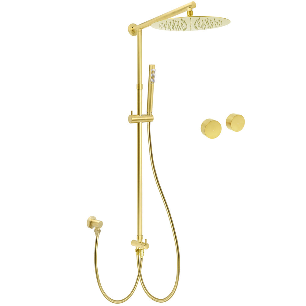 Shower Heads & Screens: WELS Brushed Gold Rain Shower 12" Head Ergonomic Handheld Rose Sliding Rail Round Taps Set