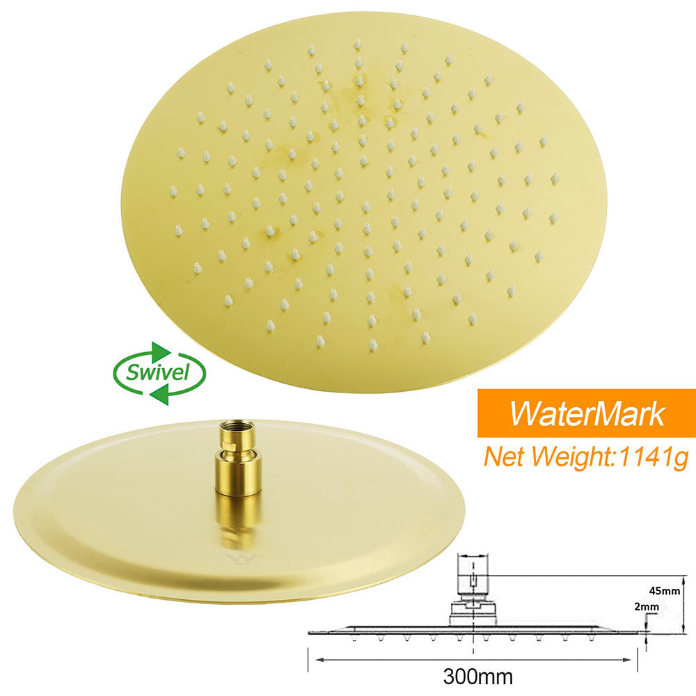 Shower Heads & Screens: WELS Brushed Gold Rain Shower 12" Head Ergonomic Handheld Rose Sliding Rail Round Taps Set