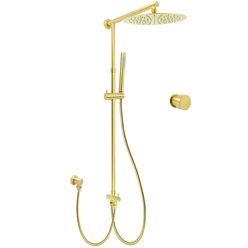 Shower Heads & Screens: Brushed Gold Dual Round Shower 12" Top Head Simple Stick Handheld Sliding Rail Arm Mixer Valve