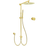 Shower Heads & Screens: Brushed Gold Dual Round Shower 12" Top Head Simple Stick Handheld Sliding Rail Arm Mixer Valve