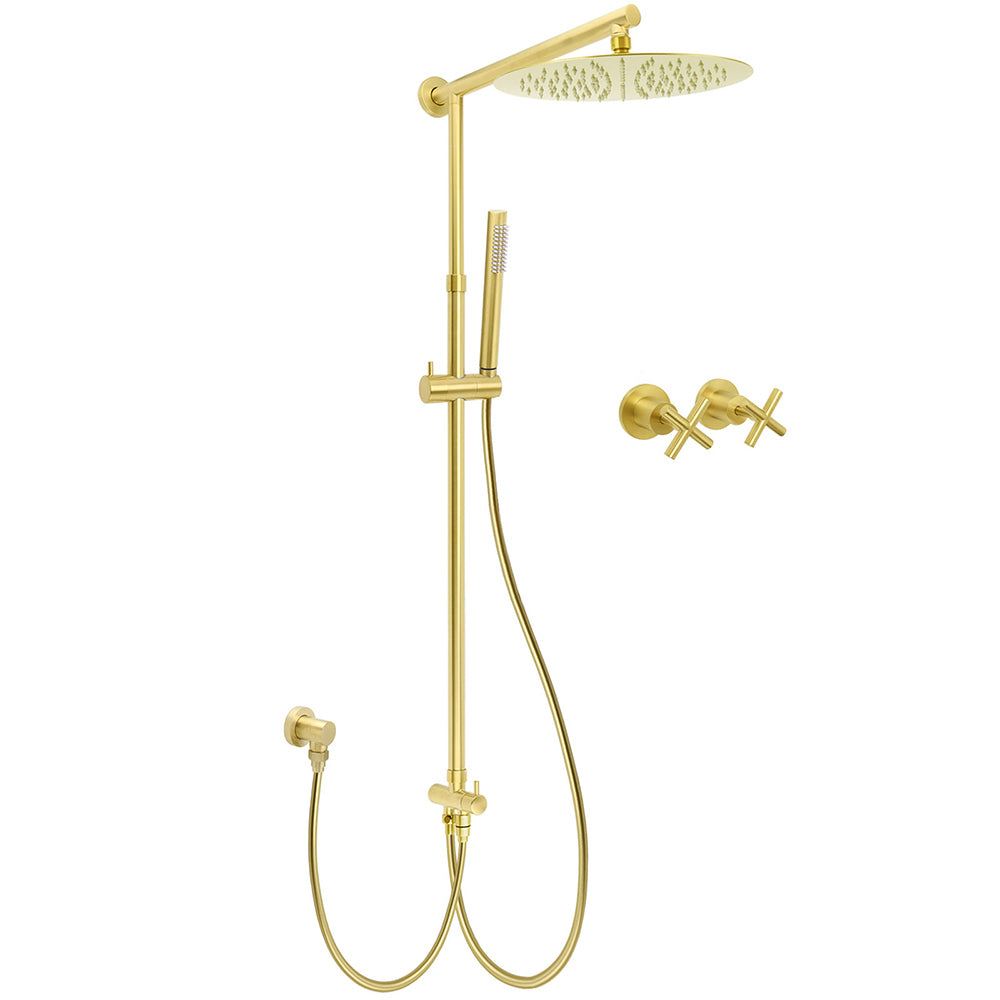 Shower Heads & Screens: Brushed Gold 12" Large Shower Head One Spray Mode Handheld Rose Sliding Rail Arm Round Mixer Set