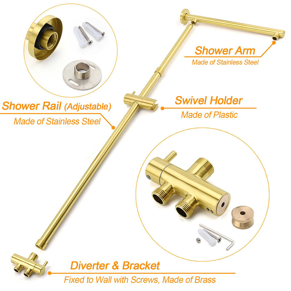 Shower Heads & Screens: Brushed Gold 12" Large Shower Head One Spray Mode Handheld Rose Sliding Rail Arm Round Mixer Set