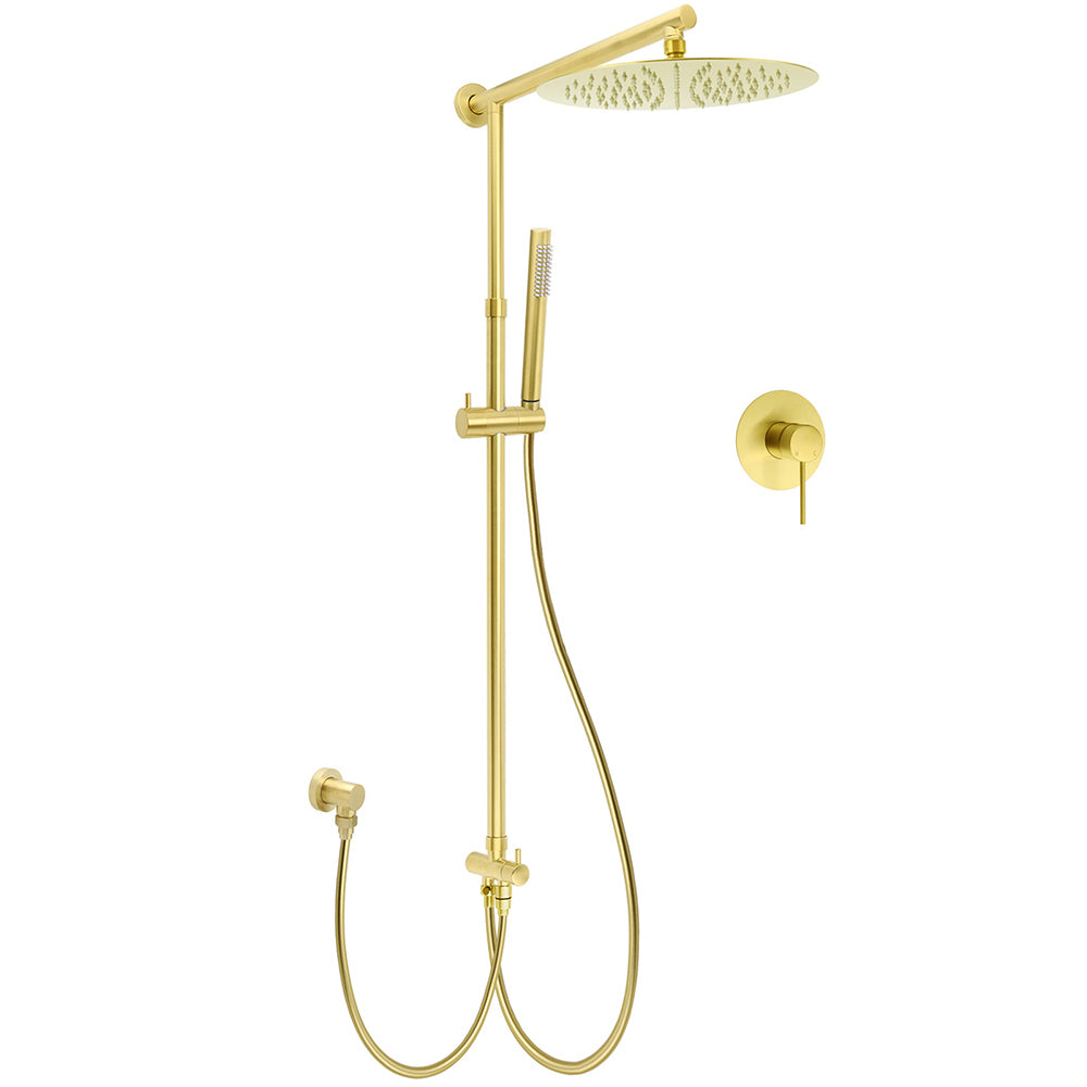 Shower Heads & Screens: WELS Brushed Gold 2in1 Large Round Shower 12" Rain Head Stainless Steel Handheld Sliding Rail Mixer Set