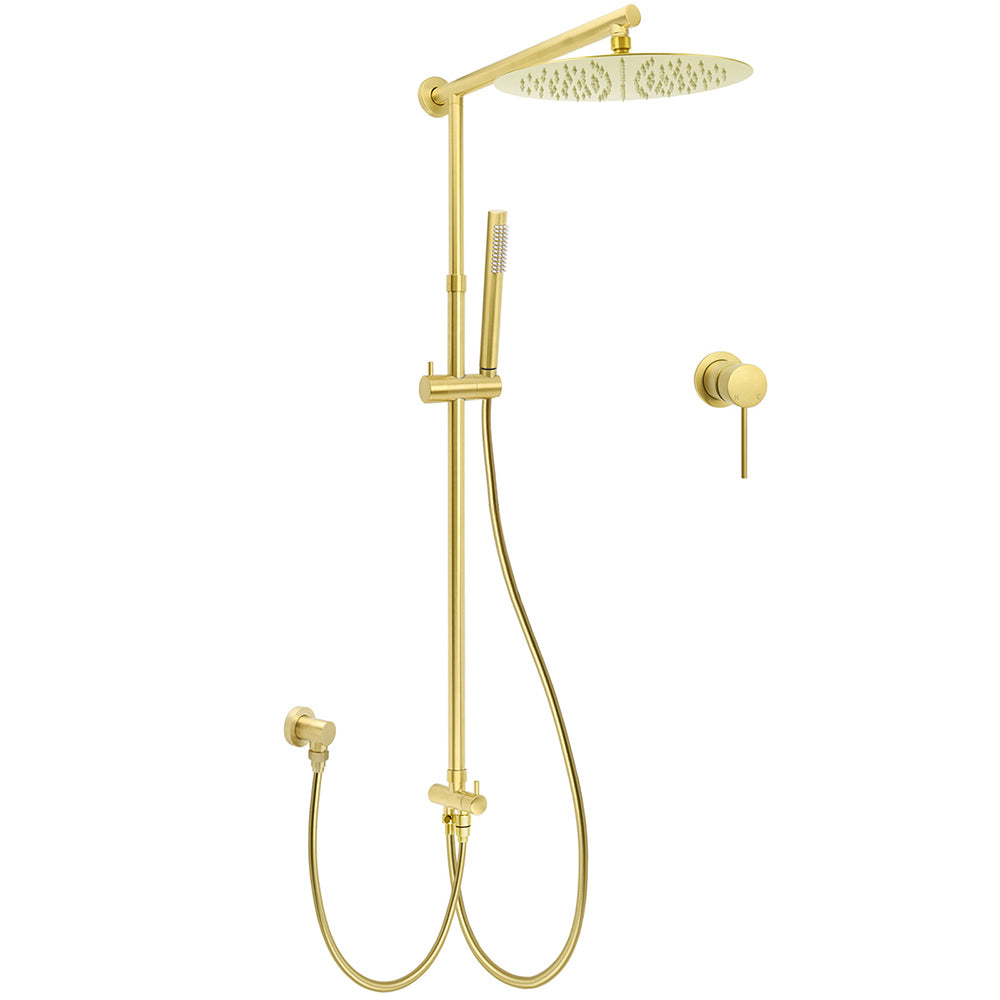 Shower Heads & Screens: WELS Brushed Gold Dual Large Round Shower Set 12" Rain Head Stainless Steel Handheld Sliding Rail Small Face Mixer